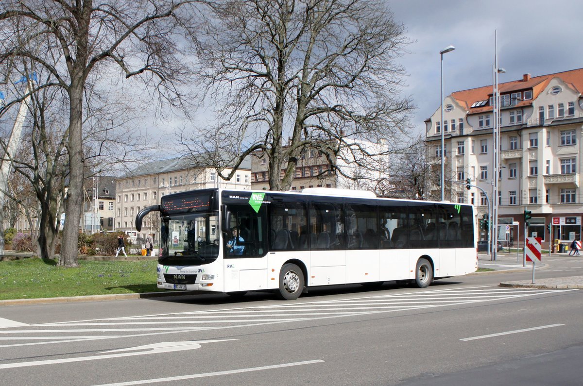 Bus Chemnitz: MAN Lion's City  der RVE (Regionalverkehr Erzgebirge GmbH), aufgenommen im Mrz 2019 am Omnibusbahnhof in Chemnitz.