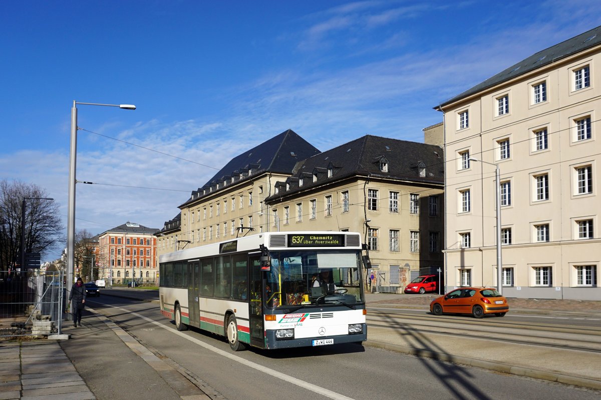 Bus Chemnitz: Mercedes-Benz O 405 NÜ (ehemals Regiobus Mittelsachsen GmbH) der Winkler Transport GmbH, aufgenommen im März 2017 in der Nähe vom Omnibusbahnhof in Chemnitz.