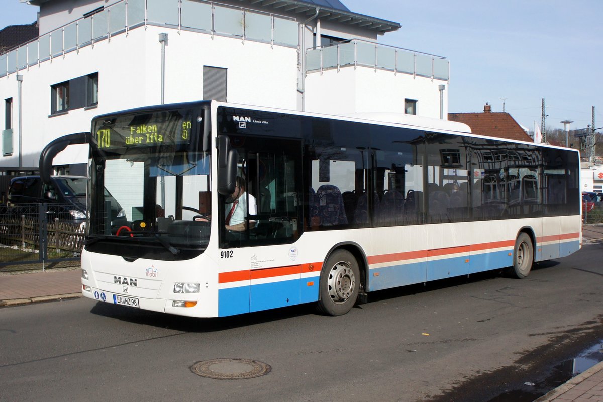 Bus Eisenach / Bus Wartburgkreis: MAN Lion's City Ü (EA-HZ 98) vom Verkehrsunternehmen Wartburgmobil (VUW), aufgenommen im Februar 2021 im Stadtgebiet von Eisenach.
