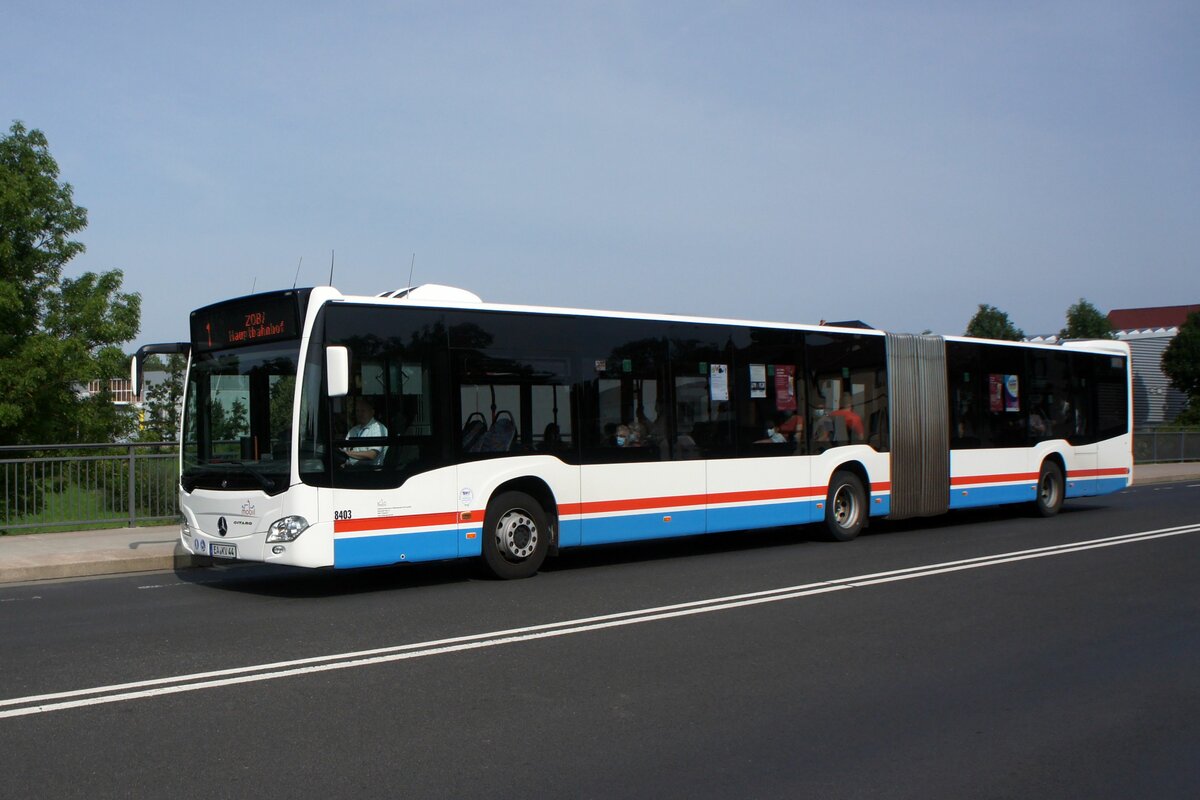 Bus Eisenach / Bus Wartburgkreis: Mercedes-Benz Citaro C2 Gelenkbus (EA-KV 44) vom Verkehrsunternehmen Wartburgmobil (VUW), aufgenommen im August 2021 im Stadtgebiet von Eisenach.