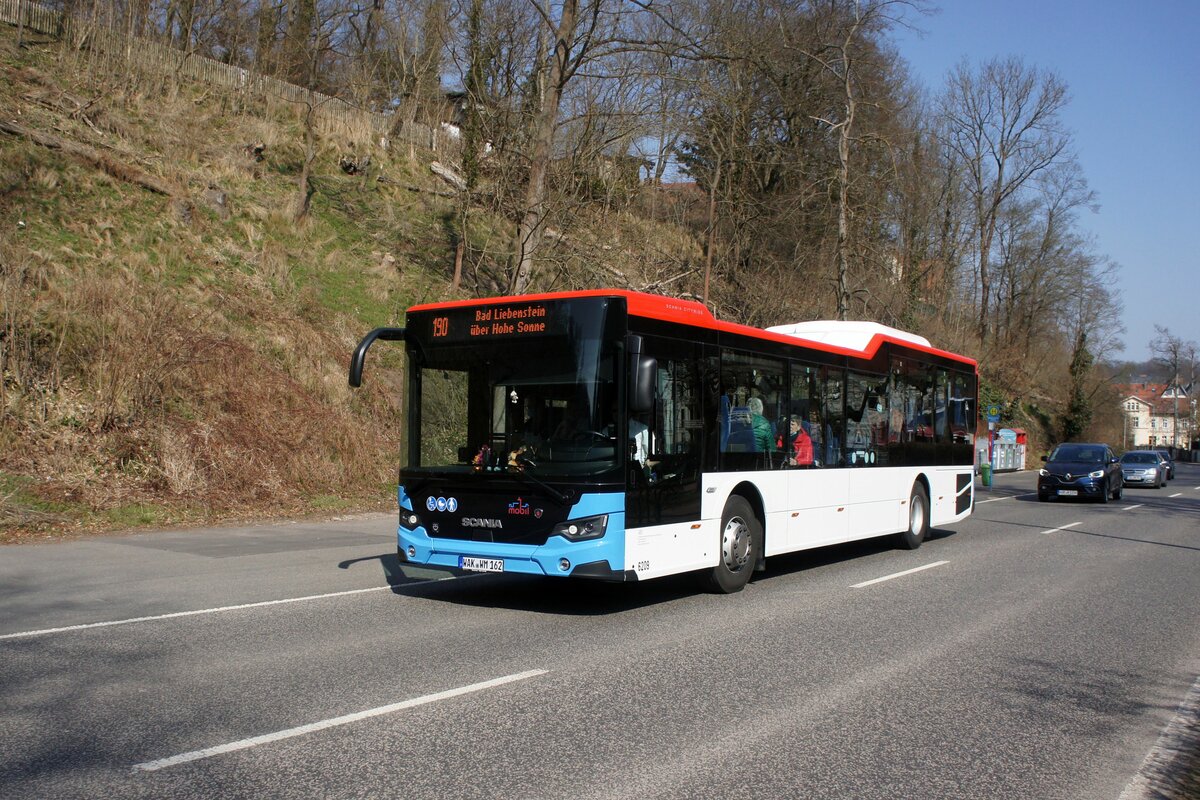 Bus Eisenach / Bus Wartburgkreis: Scania Citywide LE (WAK-WM 162) vom Verkehrsunternehmen Wartburgmobil (VUW), aufgenommen im März 2022 im Stadtgebiet von Eisenach.