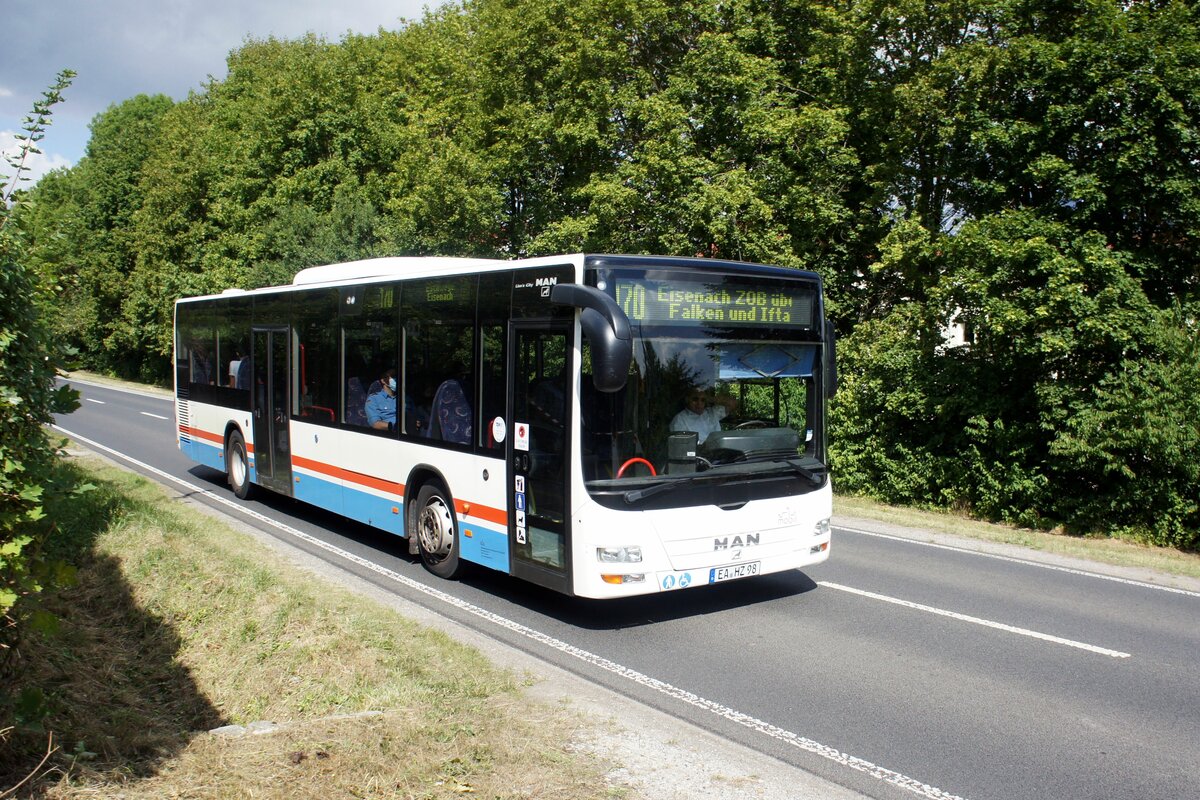 Bus Eisenach / Bus Wartburgkreis: MAN Lion's City Ü (EA-HZ 98) vom Verkehrsunternehmen Wartburgmobil (VUW), aufgenommen im August 2022 im Stadtgebiet von Eisenach.