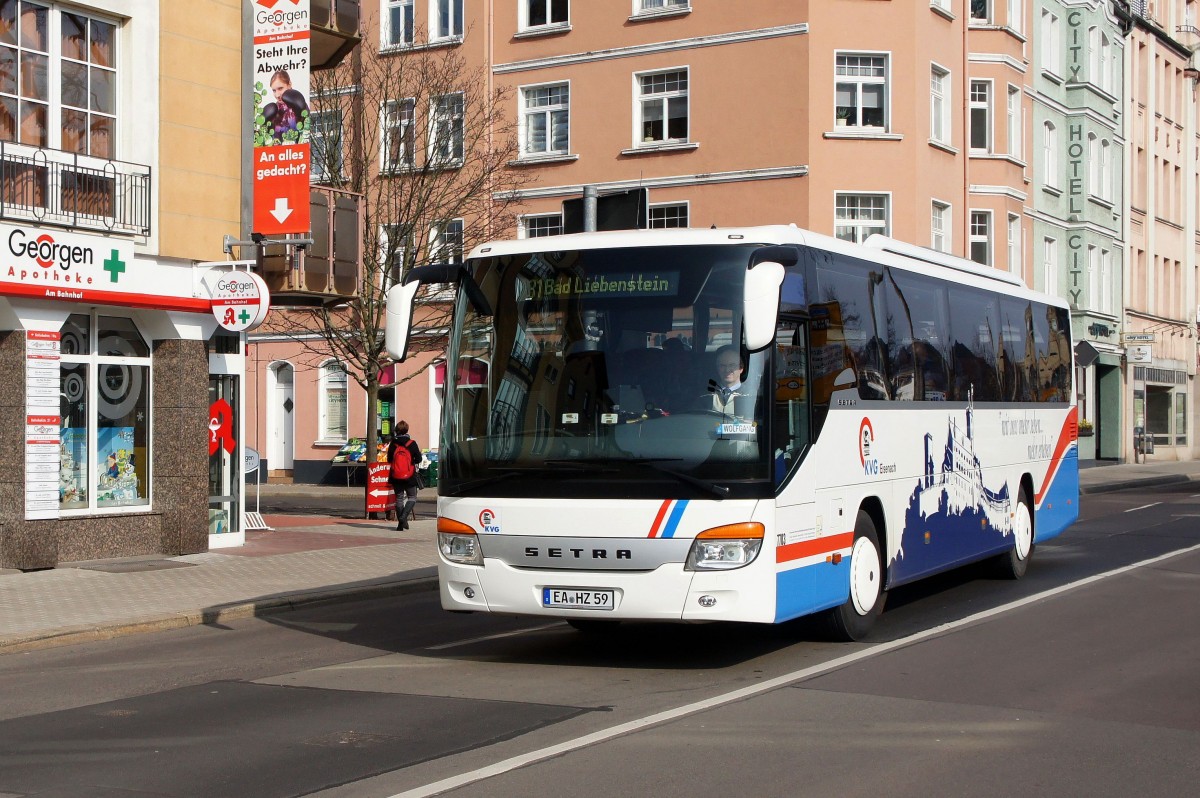 Bus Eisenach / Verkehrsgesellschaft Wartburgkreis mbH (VGW): Setra S 415 GT der KVG Eisenach, eingesetzt im Überlandverkehr. Aufgenommen in der Bahnhofstraße von Eisenach im März 2014.