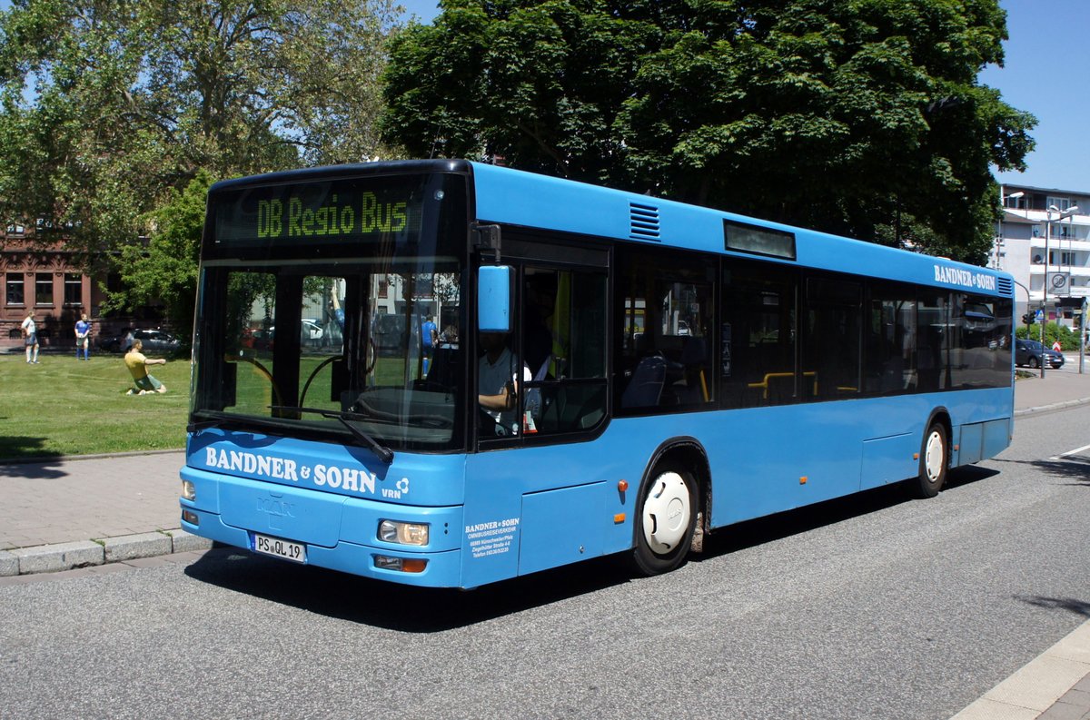 Bus Kaiserslautern / Verkehrsverbund Rhein-Neckar: MAN NL (PS-QL 19) vom Omnibusreiseverkehr Bandner & Sohn GmbH, aufgenommen im Juni 2019 am Hauptbahnhof in Kaiserslautern.
