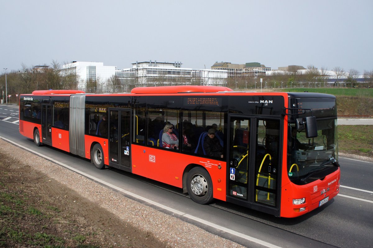 Bus Mainz: MAN Lion's City G vom Rhein-Nahe-Bus (Omnibusverkehr Rhein-Nahe / ORN), aufgenommen im April 2016 in der Nähe der Haltestelle  Hochschule Mainz  in Mainz.