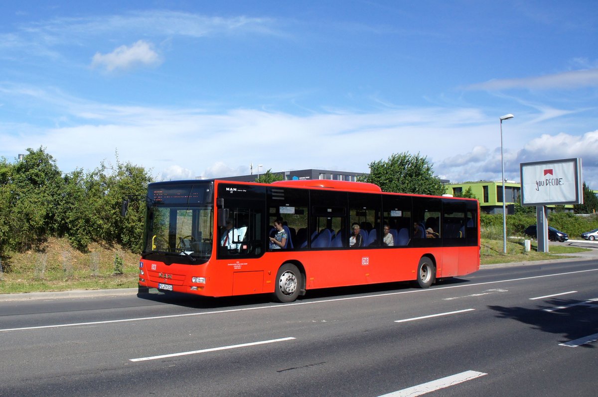 Bus Mainz: MAN Lion's City Ü vom Rhein-Nahe-Bus (Omnibusverkehr Rhein-Nahe / ORN), aufgenommen im Juni 2016 in der Nähe der Haltestelle  Hochschule Mainz  in Mainz.