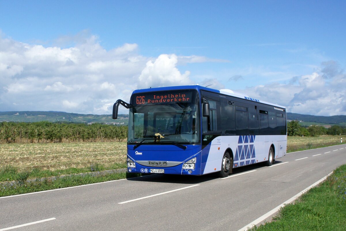 Bus Rheinland-Pfalz / Rhein-Nahe Nahverkehrsverbund (RNN): Iveco Crossway LE (MZ-I 1591) der INGmobil GmbH (Transdev GmbH), aufgenommen im August 2023 im Stadtgebiet von Gau-Algesheim, einer Stadt im Landkreis Mainz-Bingen in Rheinland-Pfalz.