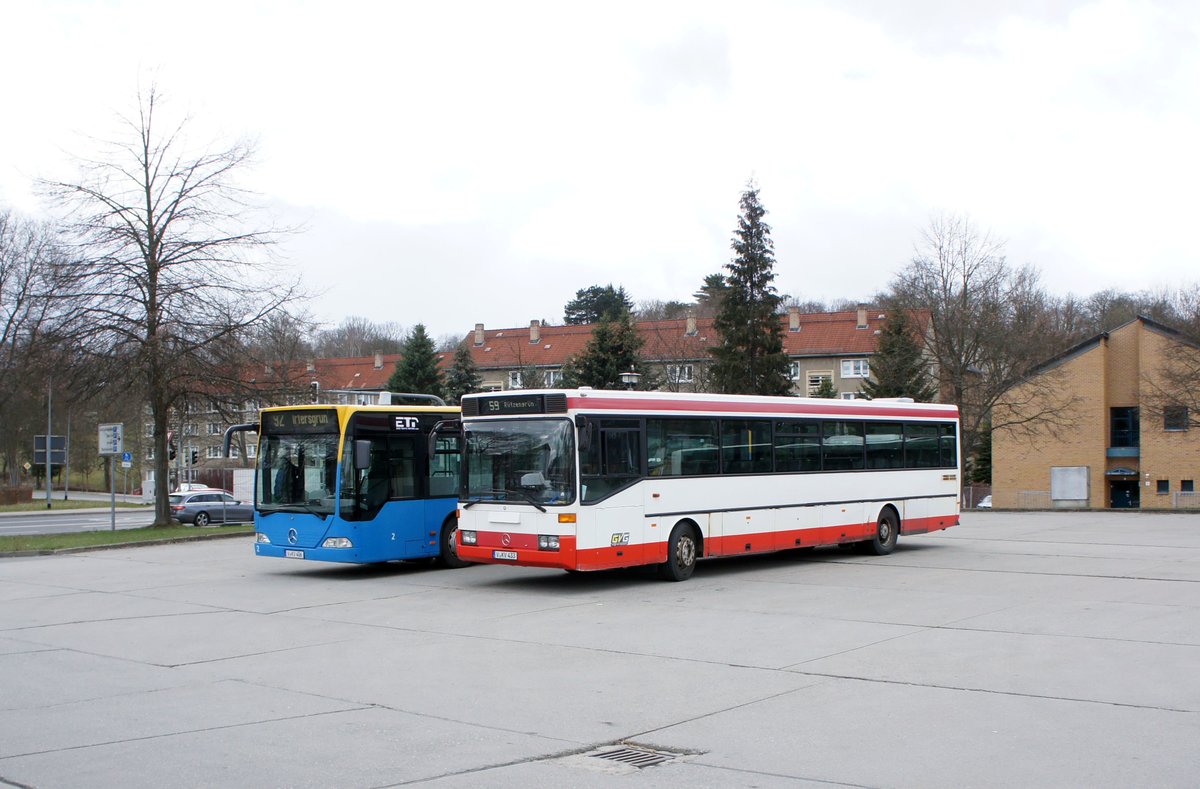 Bus Rodewisch / Bus Vogtland: Mercedes-Benz O 407 sowie Mercedes-Benz Citaro (ehem. ETP Euro Traffic Partner GmbH Chemnitz) der Göltzschtal-Verkehr GmbH Rodewisch (GVG), aufgenommen im März 2019 am Busbahnhof von Rodewisch.
