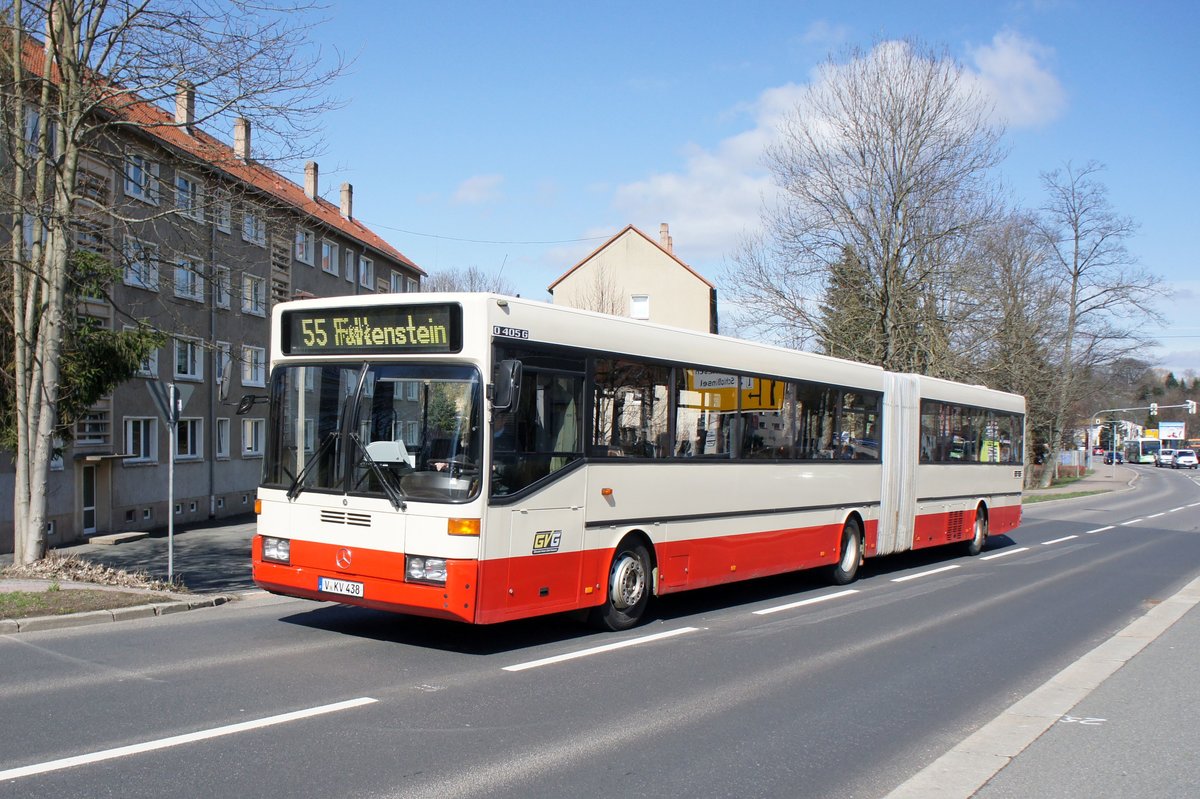Bus Rodewisch / Bus Vogtland: Mercedes-Benz O 405 G - Gelenkbus (V-KV 438) der Göltzschtal-Verkehr GmbH Rodewisch (GVG), aufgenommen im März 2019 im Stadtgebiet von Rodewisch.