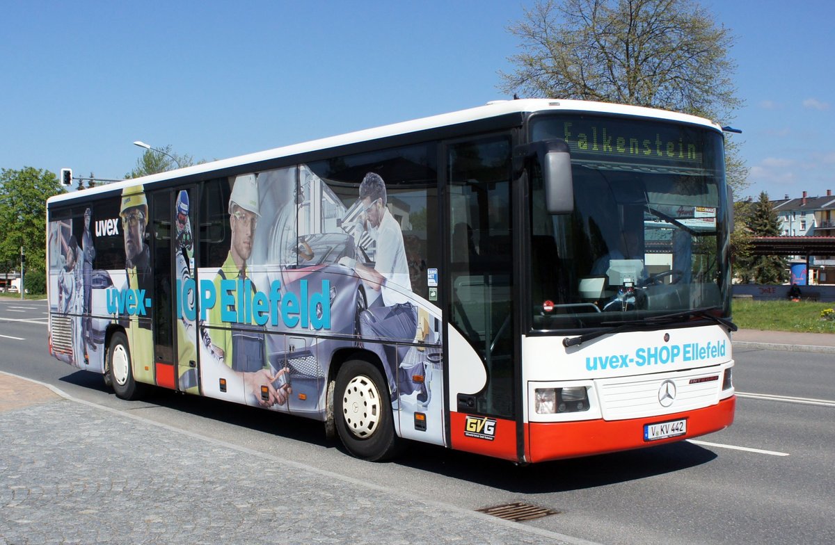 Bus Rodewisch / Bus Vogtland: Mercedes-Benz Integro der Göltzschtal-Verkehr GmbH Rodewisch (GVG), aufgenommen im April 2019 am Busbahnhof von Rodewisch.