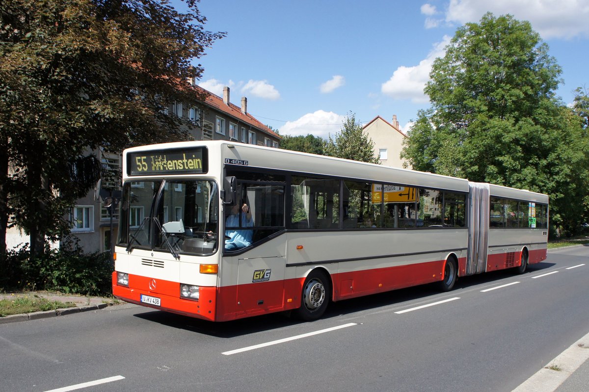 Bus Rodewisch / Bus Vogtland: Mercedes-Benz O 405 G - Gelenkbus (V-KV 438) der Göltzschtal-Verkehr GmbH Rodewisch (GVG), aufgenommen im September 2019 im Stadtgebiet von Rodewisch.