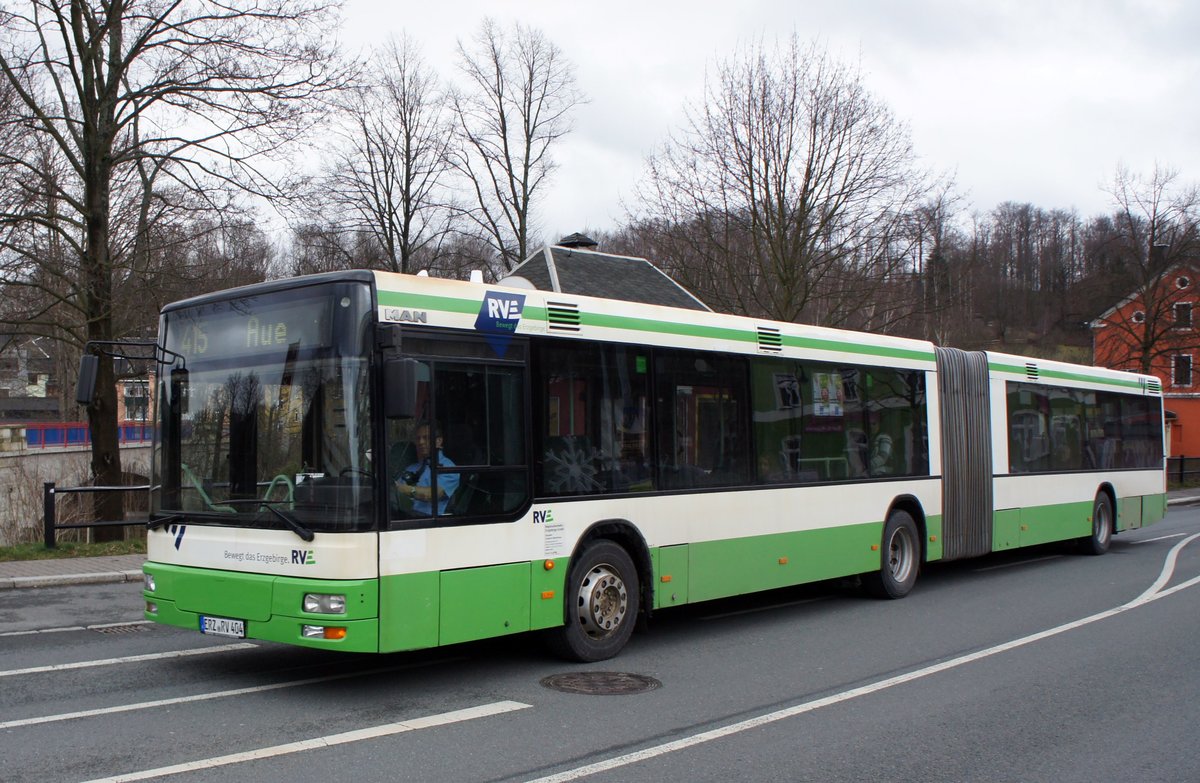 Bus Schwarzenberg / Bus Erzgebirge: MAN NG der RVE (Regionalverkehr Erzgebirge GmbH), aufgenommen im März 2019 am Bahnhof von Schwarzenberg / Erzgebirge.