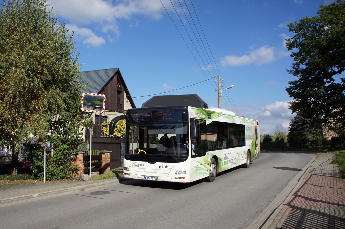 Bus Stollberg / Bus Erzgebirge: MAN Lion's City Ü der RVE (Regionalverkehr Erzgebirge GmbH), aufgenommen im Oktober 2016 bei Stollberg / Erzgebirge.