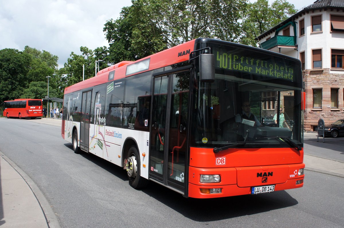 Bus Worms / Verkehrsverbund Rhein-Neckar: MAN NL der Rheinpfalzbus GmbH, aufgenommen im Juni 2016 am Hauptbahnhof in Worms.