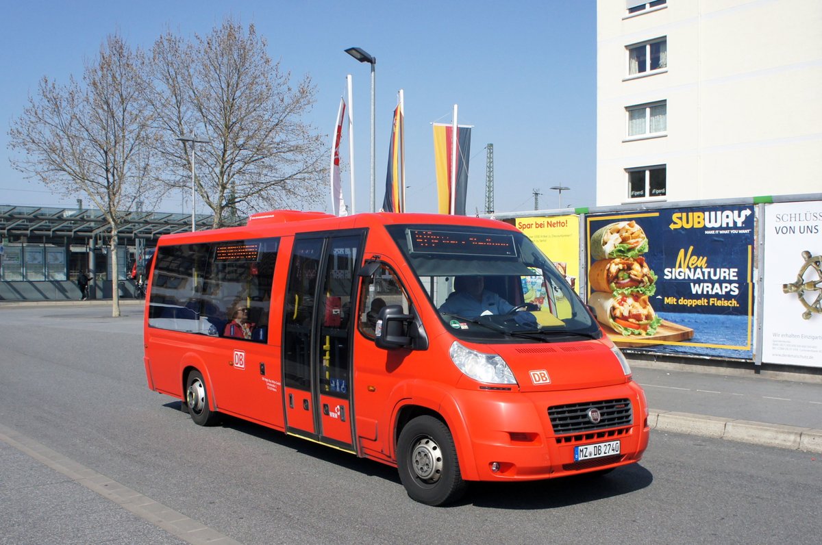 Bus Worms / Verkehrsverbund Rhein-Neckar: Fiat Ducato TS Liner der DB Regio Bus Mitte GmbH, aufgenommen im März 2019 am Hauptbahnhof in Worms.