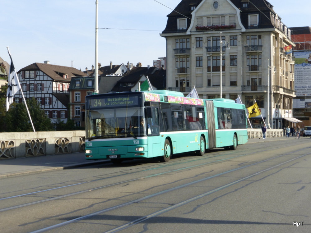 BVB - MAN  Nr.758  BS  3258 unterwegs auf der Linie  34 in der Stadt Basel am 24.09.2014