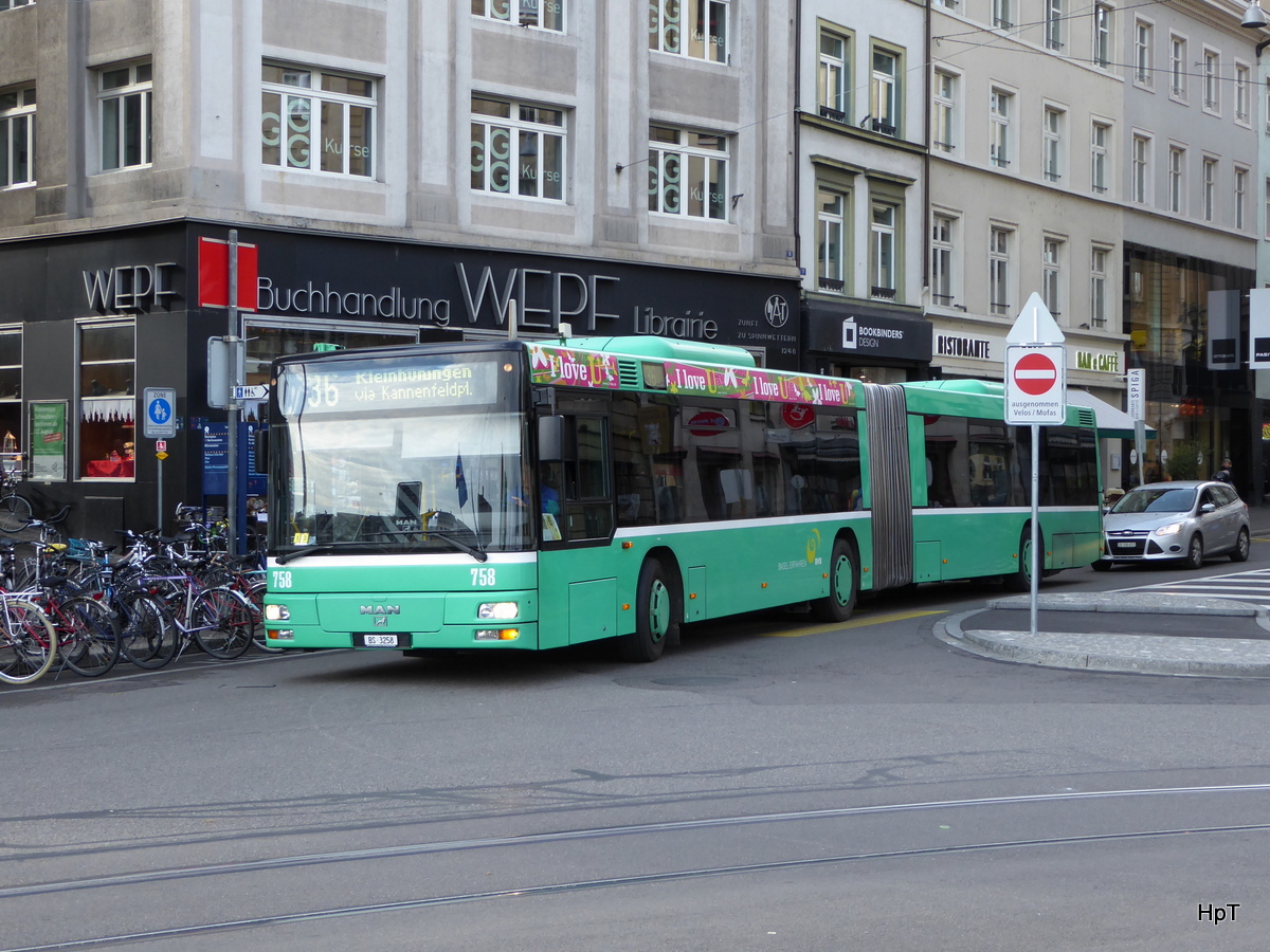 BVB - MAN Nr.758  BS 3258 unterwegs auf der Linie 36 in der Stadt Basel am 06.10.2015