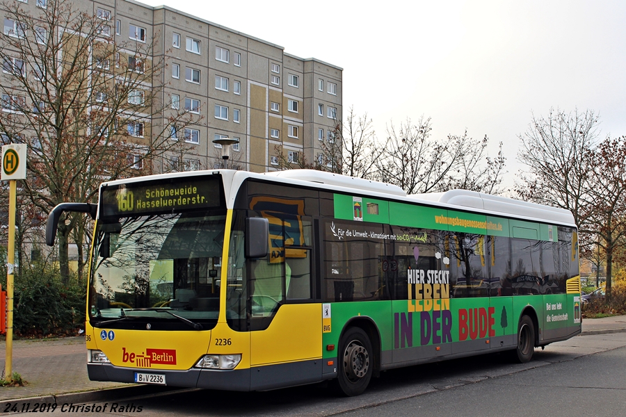 BVG Wagen 2236 auf Linie 160 nach Schöneweide Hasselwerderstraße - Berlin, Siriusstraße - am 24.11.2019 - Werbung: Wohnungsbaugenossenschaften/Wohnungsbaugenossenschaft Amtsfeld
