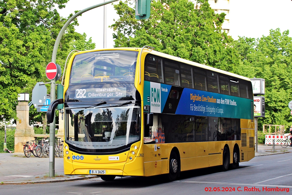 BVG Wagen 3625 als Linie 282 am 02.05.2024 in der Dillenburger Straße, Berlin | Werbung: FOM