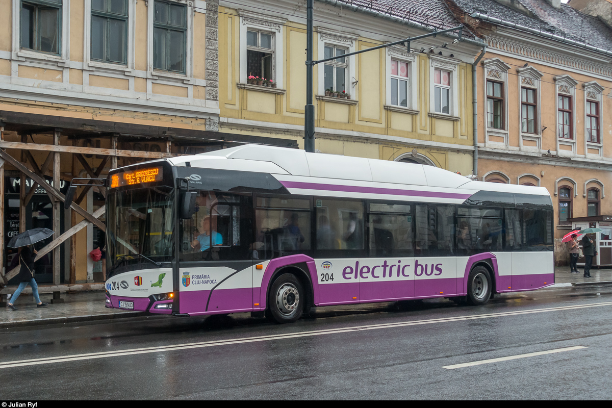 CTP 204 Solaris Urbino Electric 12 am 9. Juli 2018 an der Station Memorandumului. Die Busse wurden teilweise mit Geld aus der Schweiz finanziert.