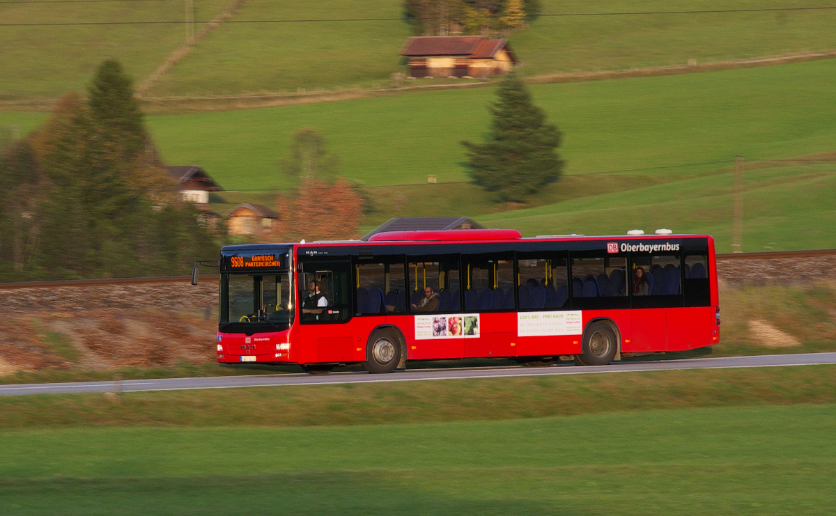 DB Oberbayernbus auf dem Weg von Mittenwald nach Garmisch-Partenkirchen kurz vor Klais. MAN Lion´s City NÜ 313 am 08.10.2014