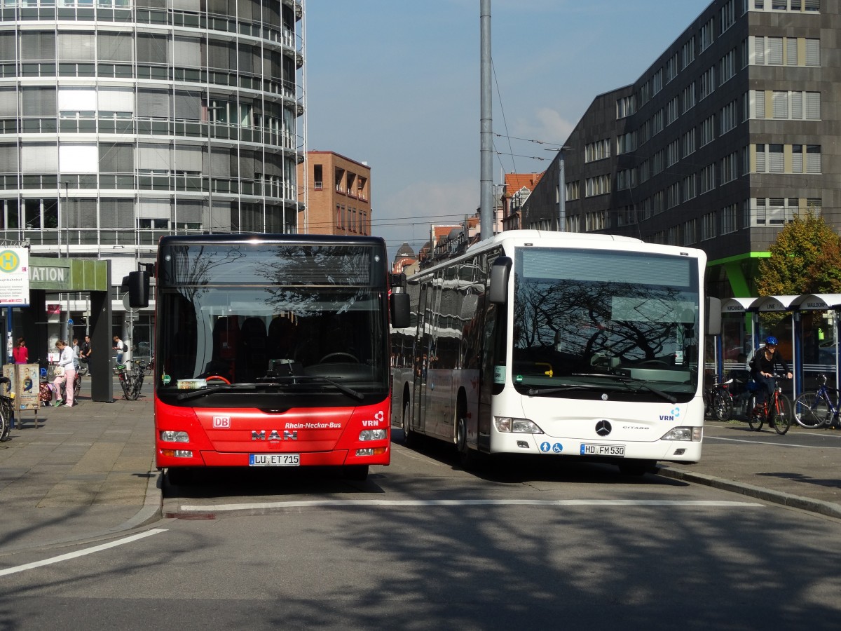 DB Rhein Neckar Bus MAN Lions City und ein Mercedes Benz Citaro C1 Facelift am 02.10.14 in Heidelberg