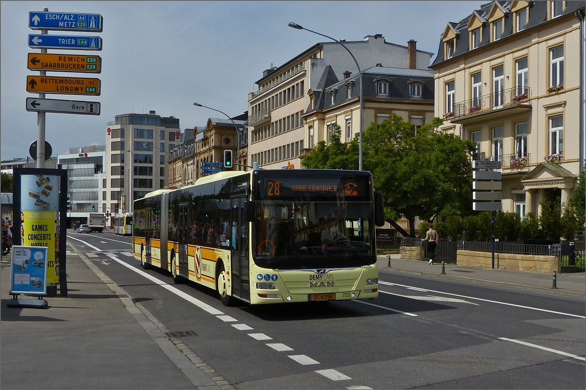 DC 4396, MAN Lion’s City von Demy Cars auf dem Weg zum Hauptbahnhof der Stadt Luxemburg. 08.2020 