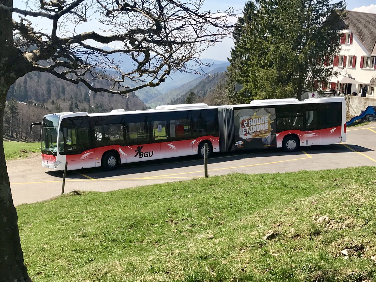 Der BGU C2 Gelenkbus Nr. 8 am 21.4.18 am warten auf die Rückfahrt beim Unteren Grenchenberg.