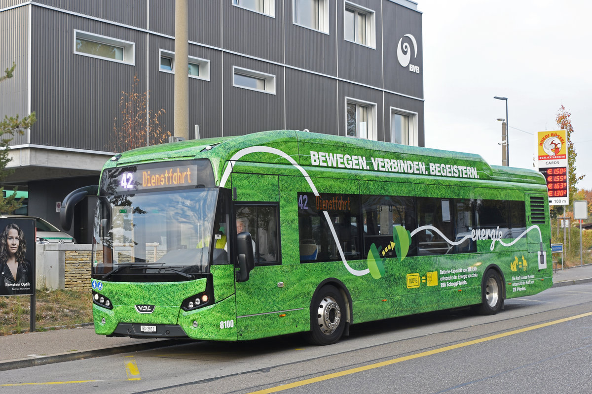 Die Basler Verkehrs Betriebe Testen einen VDL Citea SLF-120 Elektro Bus. Hier bedient der Bus die Haltestelle Rankstrasse. Die Aufnahme stammt vom 23.10.2018.