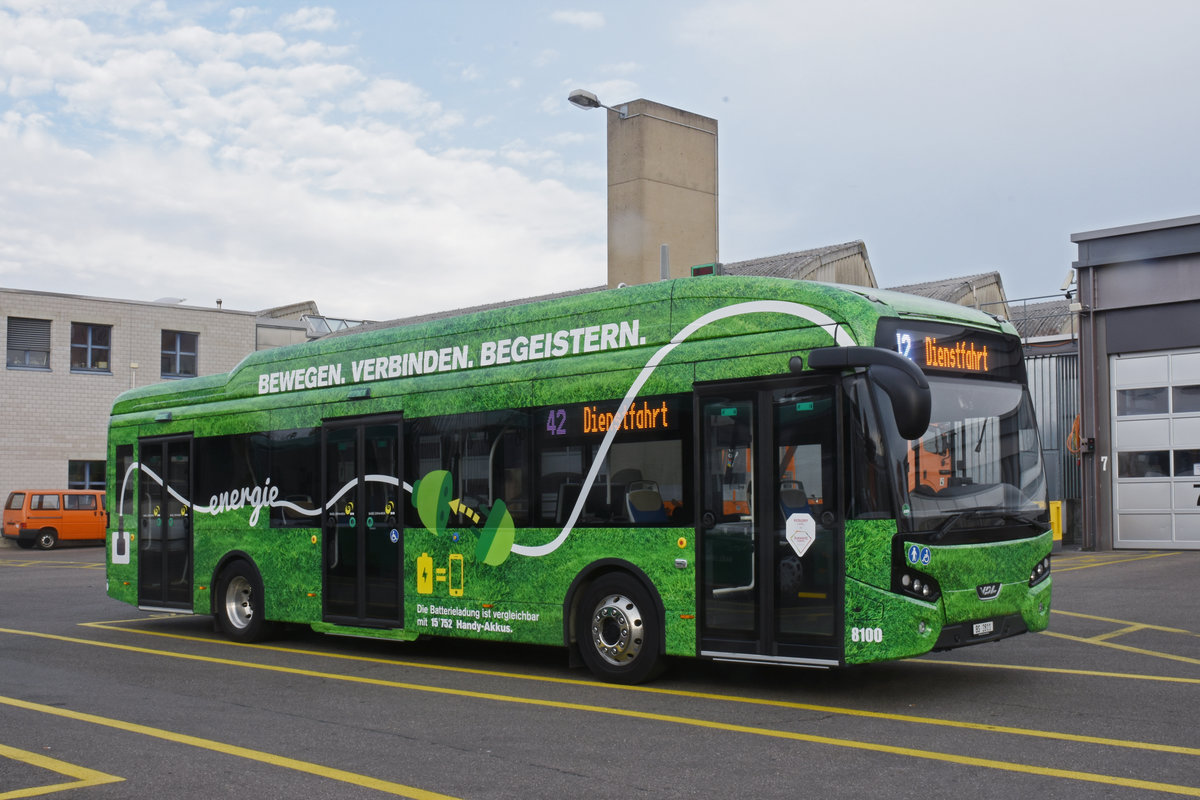 Die Basler Verkehrs Betriebe Testen einen VDL Citea SLF-120 Elektro Bus. Hier steht der Bus bereit um einen Einsatz auf der Linie 42 zu fahren. Die Aufnahme stammt vom 23.10.2018.