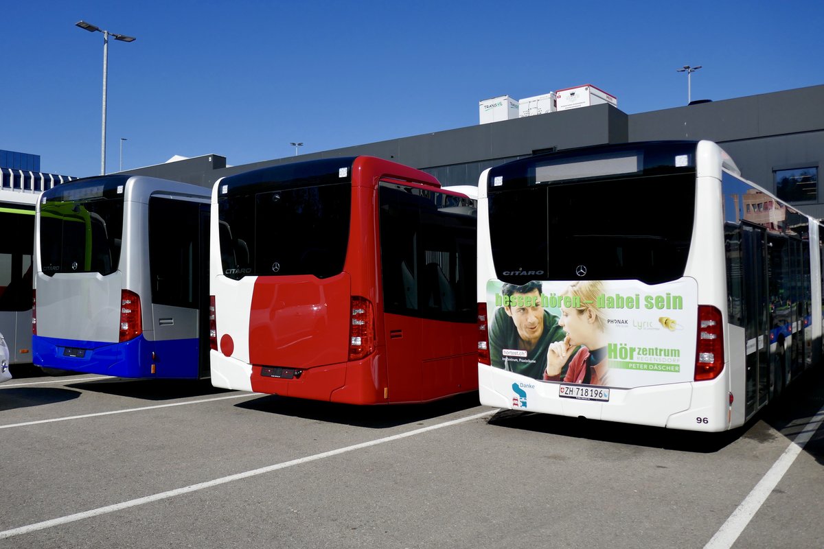 Die Hecks der neuen MB C2 G für die VZO, C2 GÜ für die TPF und des schon im Einsatz stehenden VBG C2 G, am 13.10.18 hinter dem Eurobus Zentrum in Bassersdorf.
