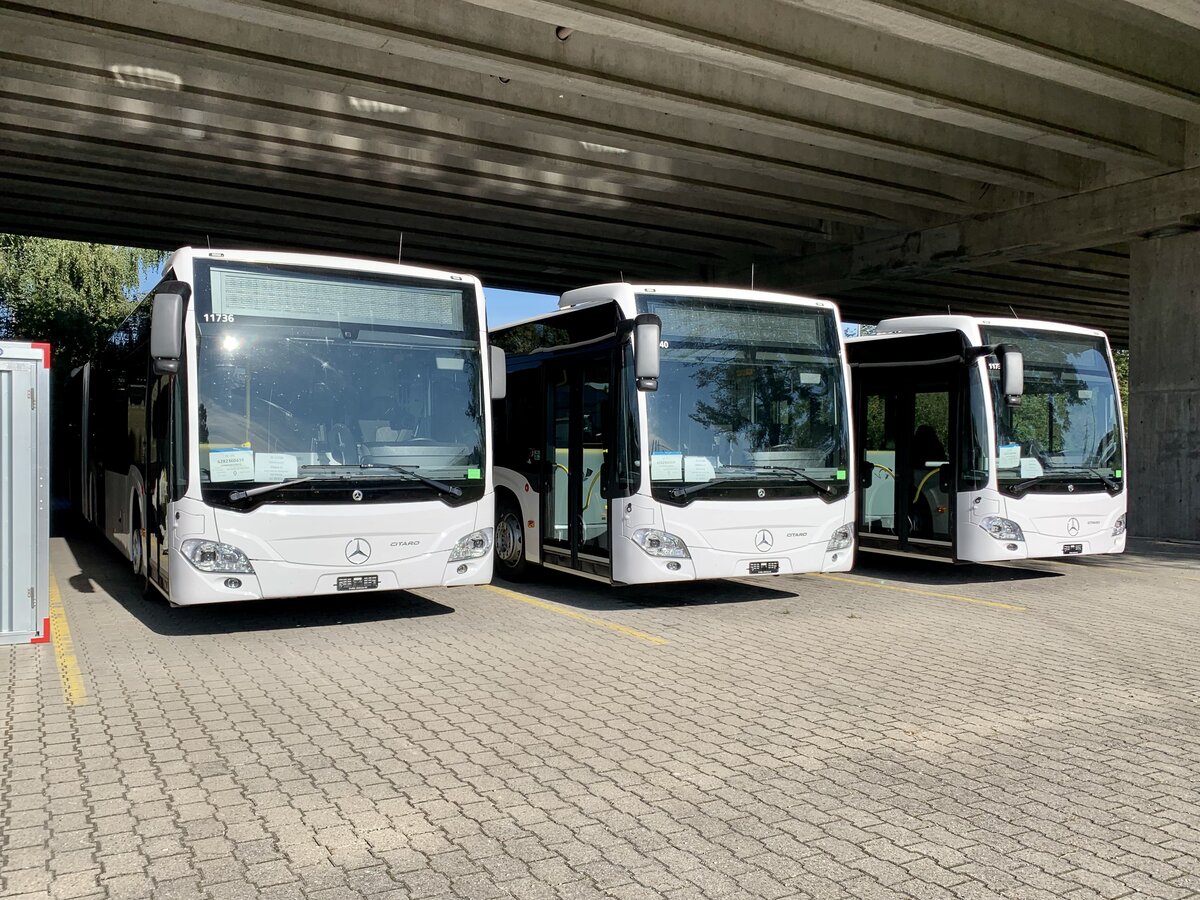 Drei neue MB C2 G Ü hybrid '11736', '11740' und '11737' für die PostAuto Regie Delemont am 1.10.21 bei Interbus in Kerzers.