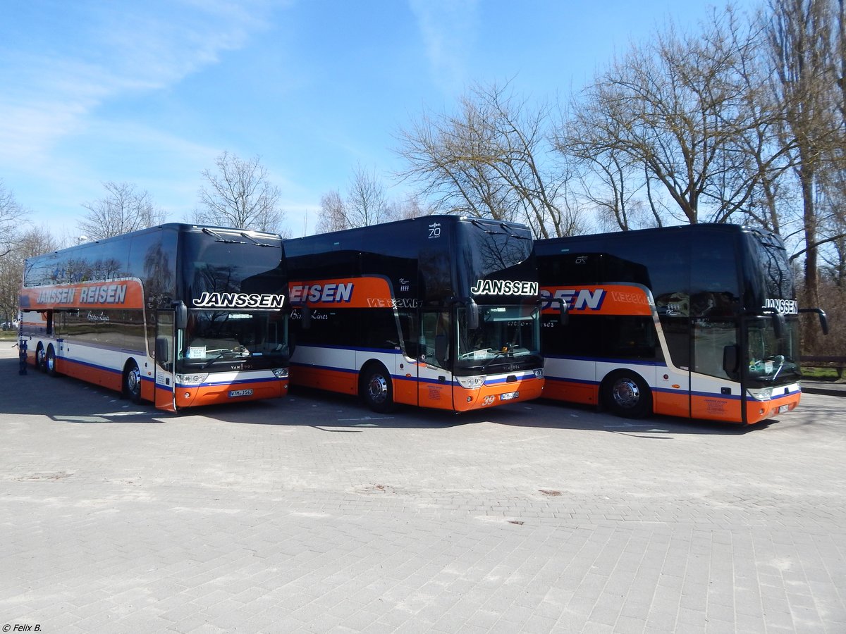 Drei Van Hool TX27 von Janssen Reisen aus Deutschland in Waren am 07.04.2018