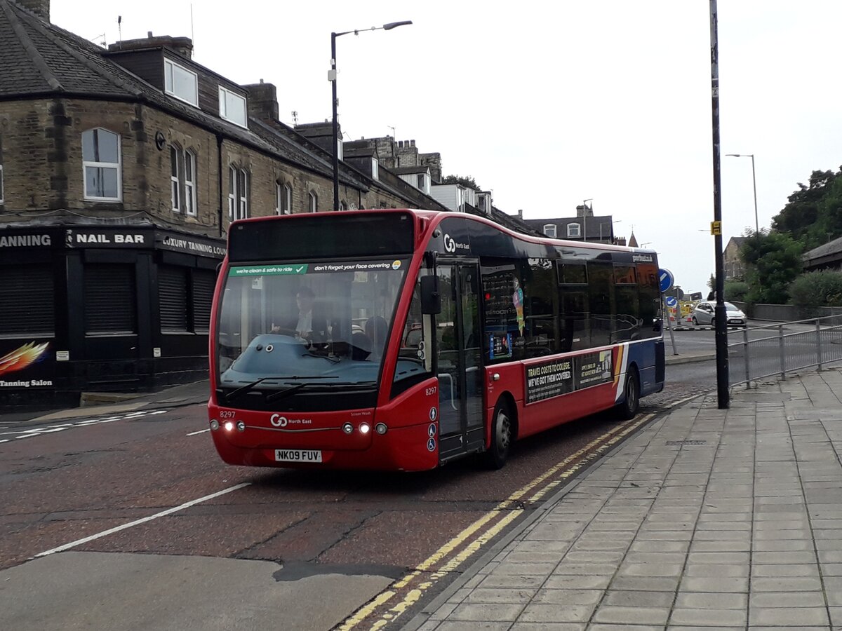 During Covid, Go North East covered some Arriva services in County Durham.  Although not visible, this Optare Versa was on Arriva service 6 from Cockfield to Durham City.  Photographed in Newgate Street, Bishop Auckland, County Durham on 16th August 2021.

Go North East 8297 - NK09 FUV
2009 Optare Versa
Optare B39F