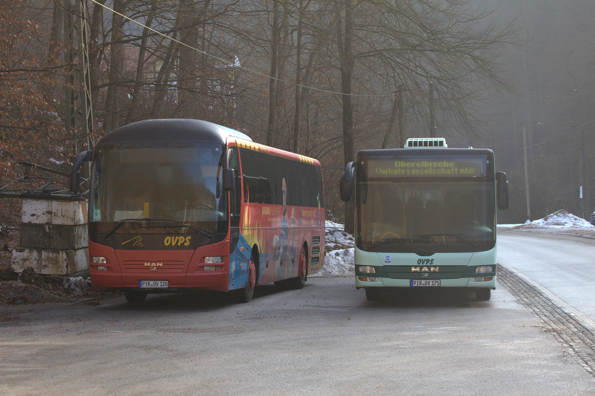ein  Aussenseiter  ist der linke MAN Bus, nicht im typischen Farbkleid der OVPS,abgestellt am Straßenbahnhof der Kirnitzschtalbahn. 19.02.2017 09:58 Uhr.