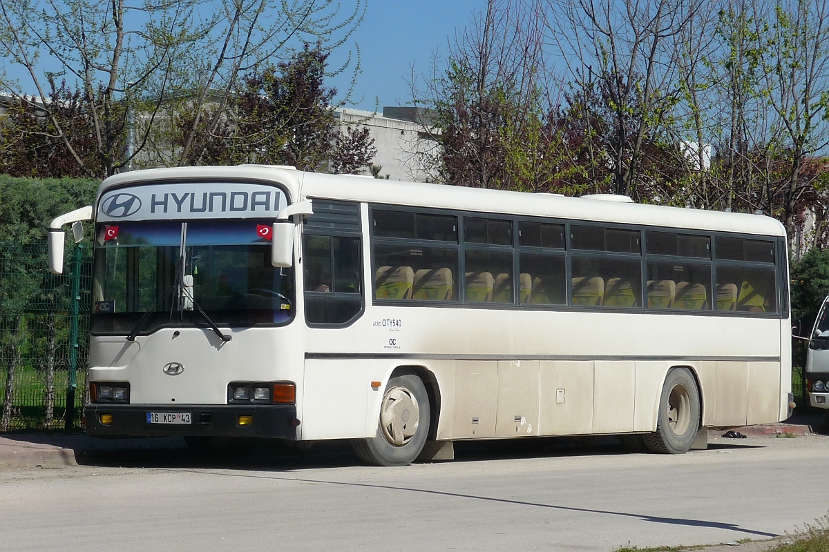 Ein großer HYUNDAI AeroCITY540 Stadtbus parkt am Botanischen Garten von Inegöl, 3.4.2016