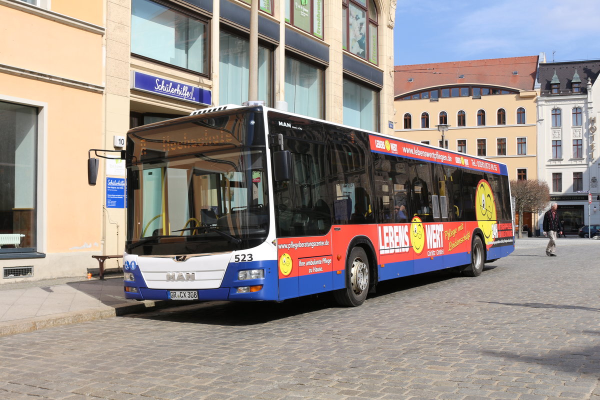 Ein Man Lions City Solobus der Görlitzer Vekehrsbetriebe in Görlitz auf dem Demianiplatz. Am 04.04.2019