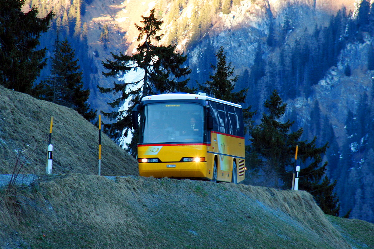 Ein Neoplan 312K auf dem Postautokurs 90.401 Versam-Safien Station - Thalkirch kurz vor Egschi; 14.03.2014