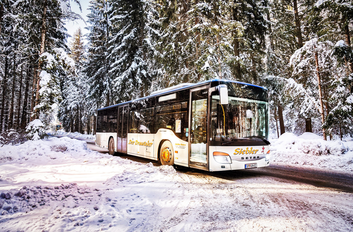 Ein SETRA S 415 NF von Siebler Reisen, durchfährt den winterlich verschneiten Wald, nahe der Haltestelle Berg im Drautal Lassin.
Unterwegs war der Bus auf der Kfl. 5021 als Kurs 11 (Oberdrauburg Bahnhof - Gerlamoos).
Aufgenommen am 8.2.2018.