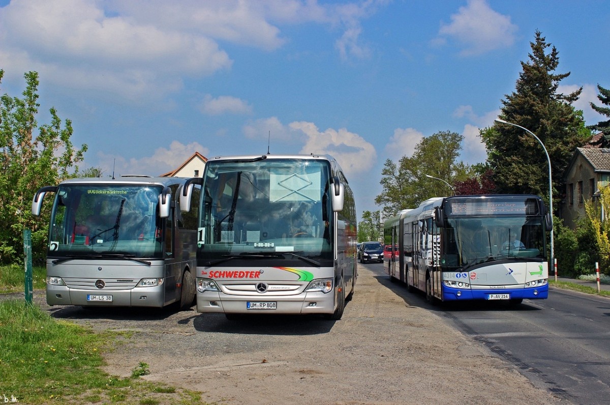 Ein Solaris Urbino G der HVG fährt an zwei Mercedes-Reisebussen vorbei. Aufgenommen am Bahnbübergang in Werder (Havel). 25.04.2014