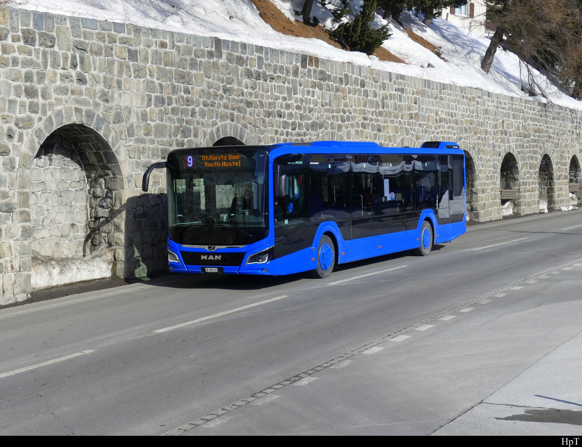 Engadin Bus - MAN Lion`s City Hybrid  GR  100103 unterwegs beim Bahnhof von St. Moritz am 19.02.2021