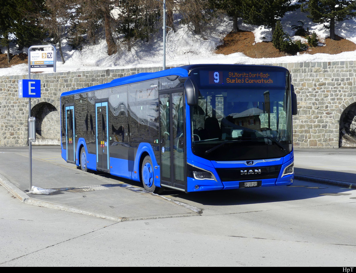 Engadin Bus - MAN Lion`s City Hybrid GR 100103 unterwegs beim Bahnhof von St. Moritz am 19.02.2021