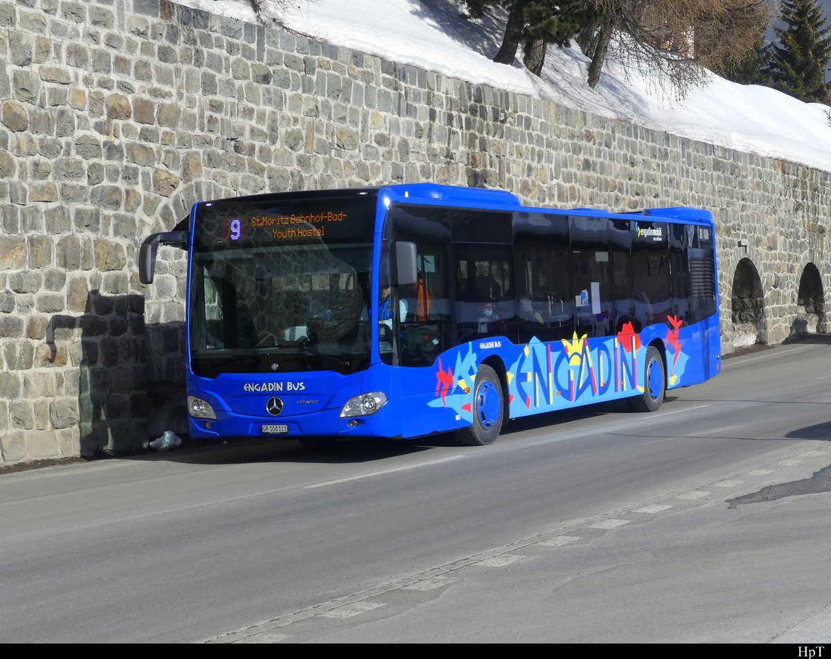 Engadin Bus - Mercedes Citaro Hybrid GR 100111 unterwegs beim Bahnhof von St. Moritz am 19.02.2021