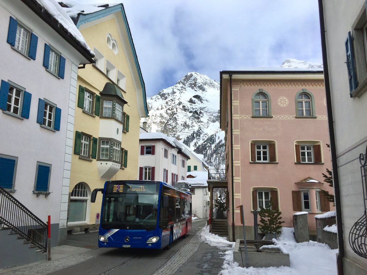 Engadin Bus, St.Moritz. Mercedes-Benz Citaro C2 (GR 100’112) in Sils Maria. (1.4.2018)