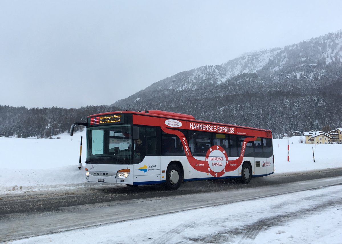 Engadin Bus, St.Moritz. Setra S415NF (GR 100’105) in Surlej, Brücke. (4.1.2018)