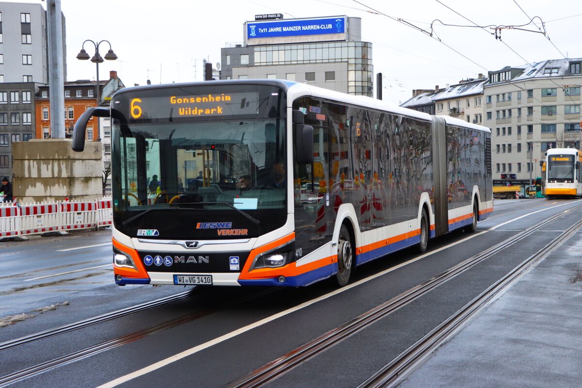 ESWE Verkehr MAN Lions City Wagen 410 am 16.02.26 in Mainz Hauptbahnhof