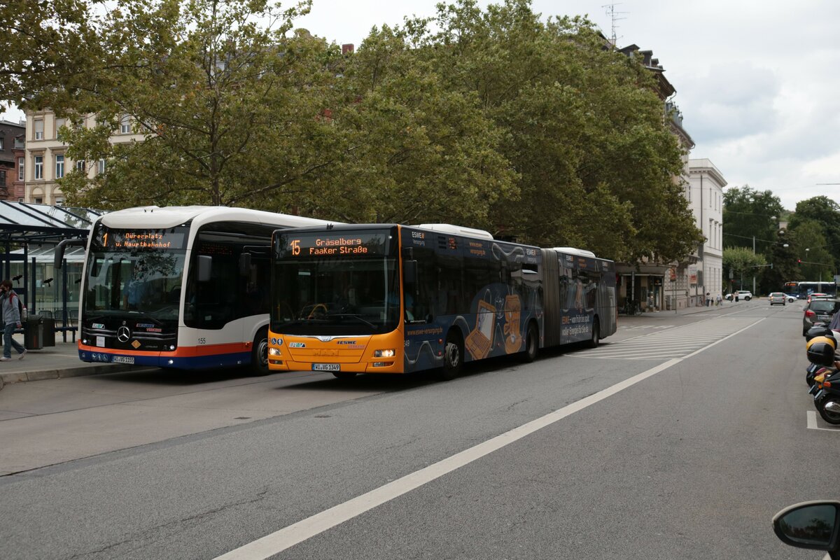 ESWE Verkehr Mercedes Benz eCitaro Wagen 155 und MAN Lions City G Wagen 349 am 17.08.21 in Wiesbaden