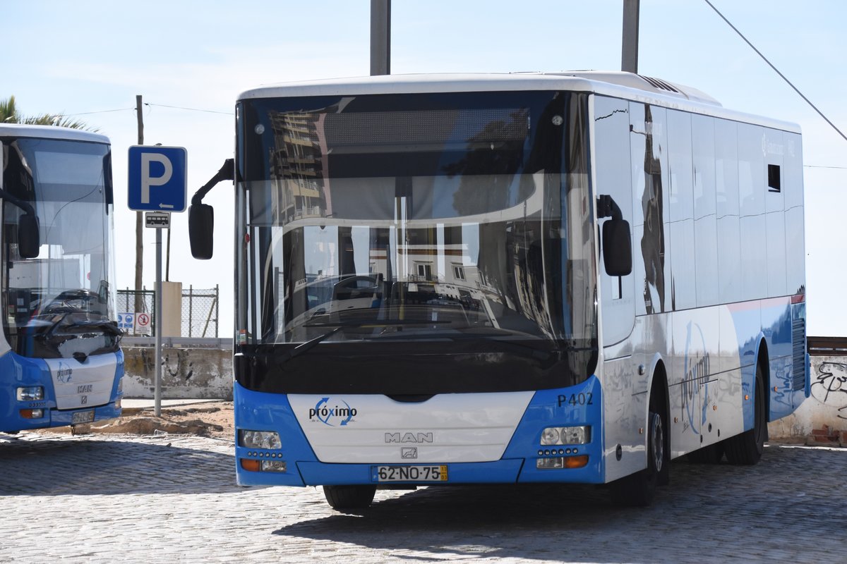 FARO (Distrito de Faro), 04.02.2019, Bus Nr. P402 der kommunalen Busgesellschaft Proximo, abgestellt auf dem Parkplatz des Busbahnhofs
