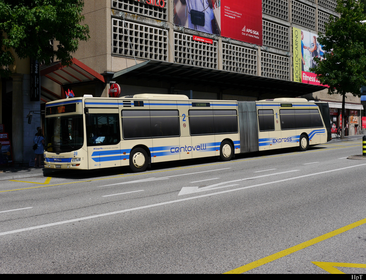FART - MAN Lion`s City Nr.39  TI 323839 unterwegs in Locarno (Werbung für die Centovalli Bahn daher einziger Bus in der Schweiz mit 1 Kl. Abteil ? ) am 31.07.2020