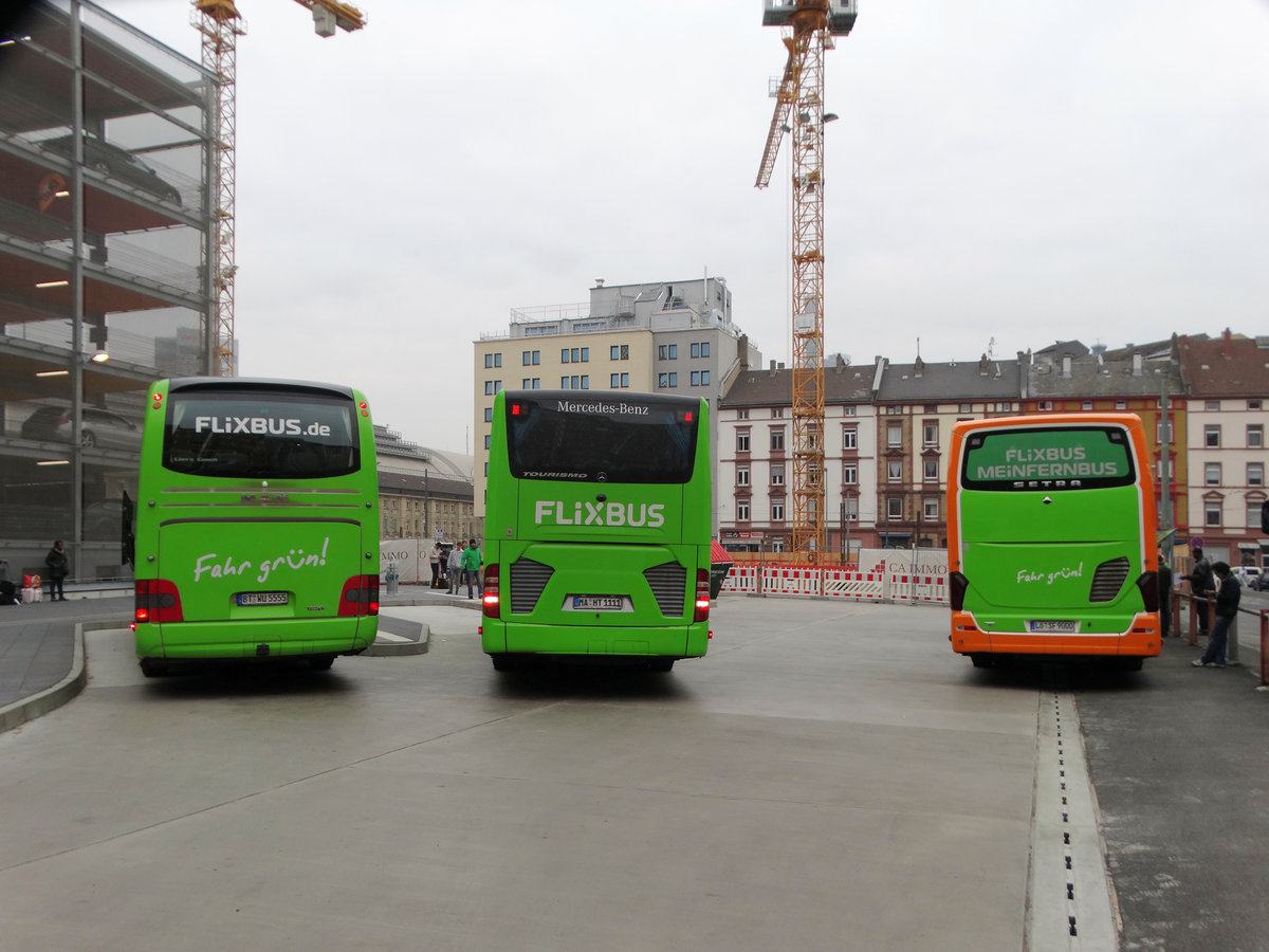 Flixbus MAN Lions Coach, Mercedes Benz Tourismo und Setra am 26.11.16 von hinten in Frankfurt am Main Hbf Südseite 